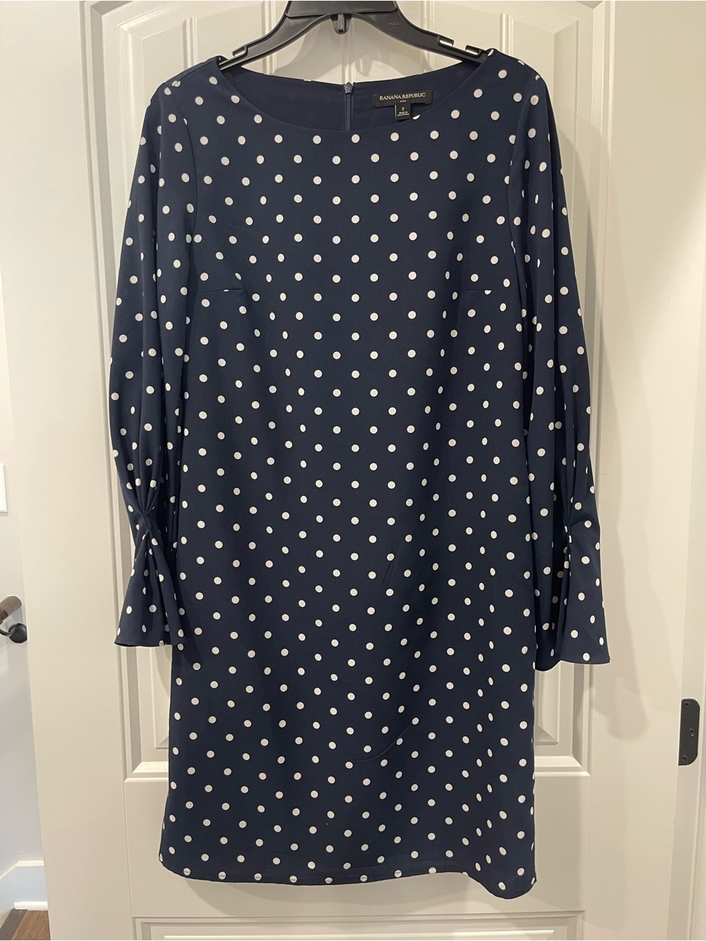 Banana Republic Navy and White Polka Dot Long Sleeve Shift Dress